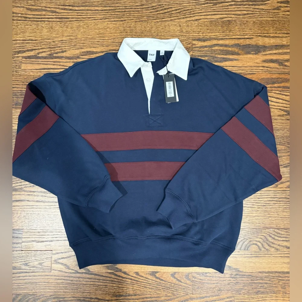 Aritzia Navy Sweatshirt with White Collar and Burgundy Stripes - Picture 4 of 5